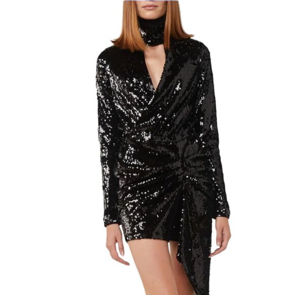 NWT PINKO Black Long Sleeve Stretch Asymmetric Hem Mini Sequin Dress Sz 12/EU 44 - Picture 1 of 16